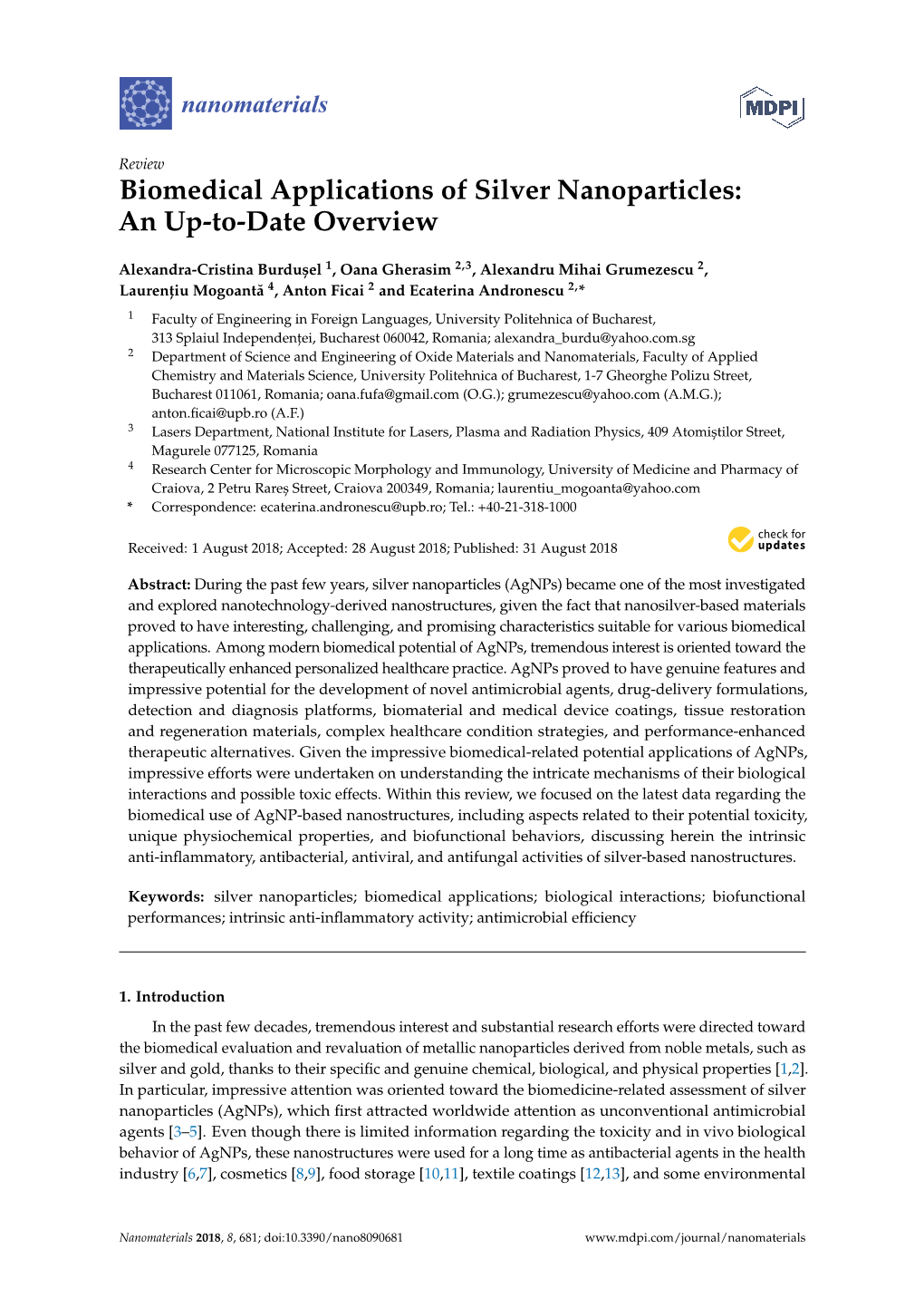 Biomedical Applications of Silver Nanoparticles: an Up-To-Date Overview