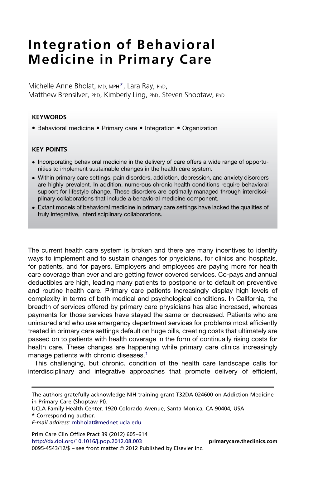 Integration of Behavioral Medicine in Primary Care