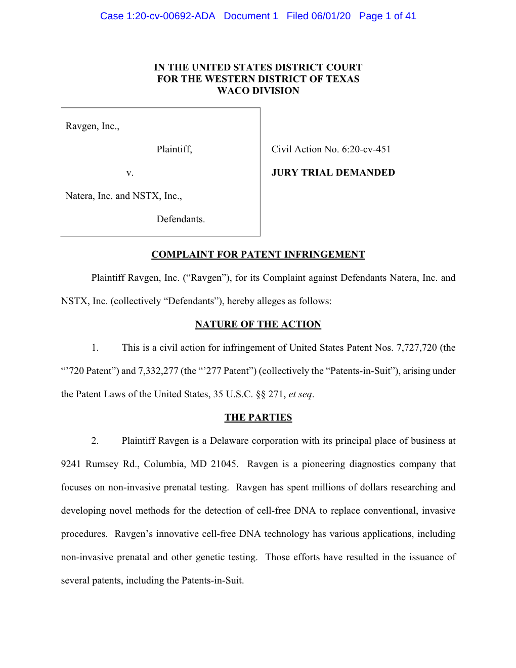 Case 1:20-Cv-00692-ADA Document 1 Filed 06/01/20 Page 1 of 41