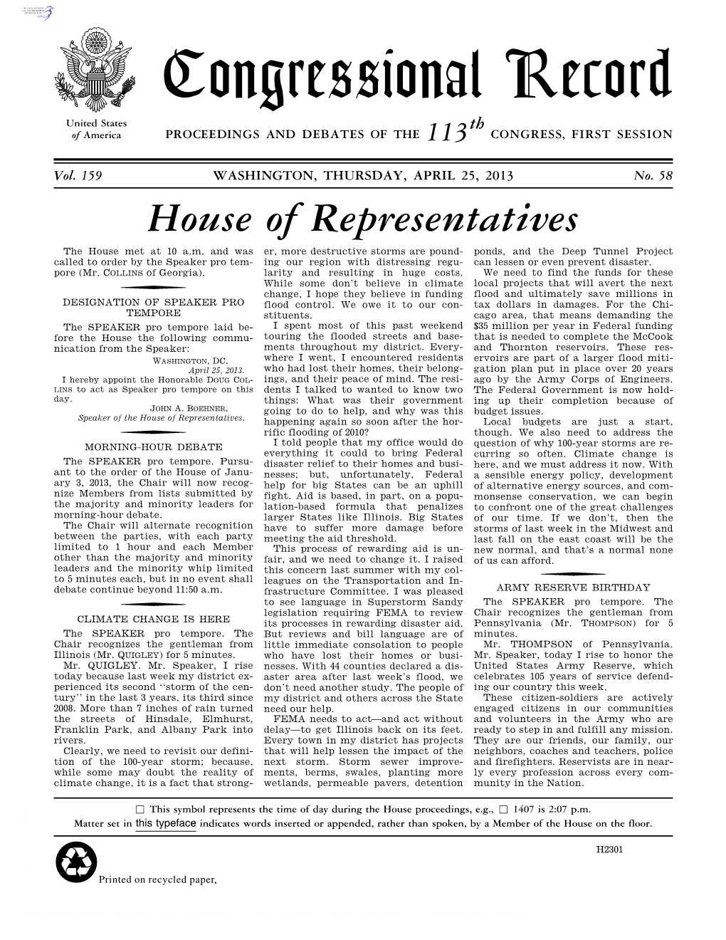 Congressional Record United States Th of America PROCEEDINGS and DEBATES of the 113 CONGRESS, FIRST SESSION