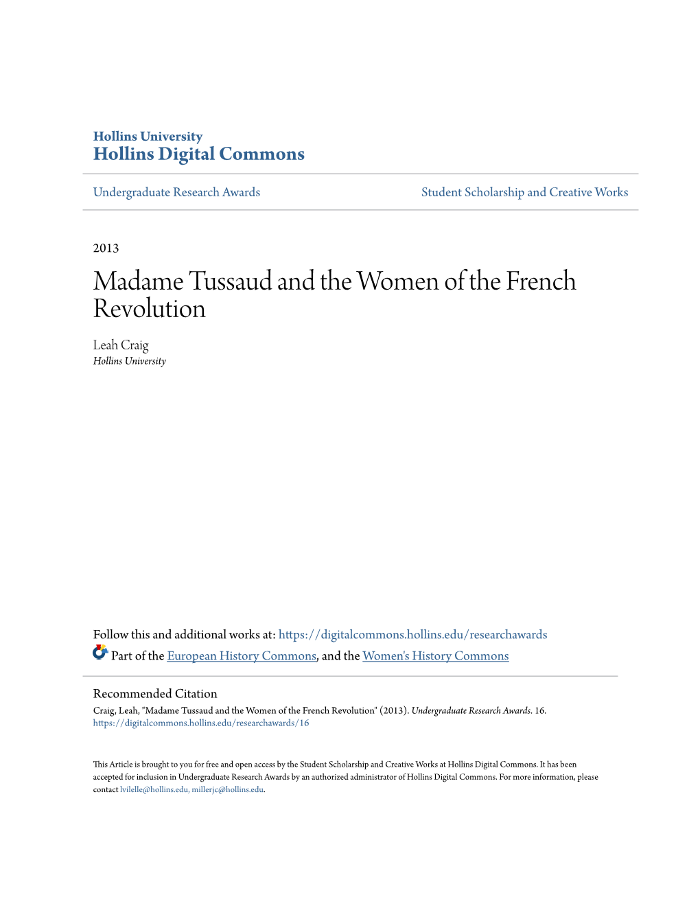 Madame Tussaud and the Women of the French Revolution Leah Craig Hollins University