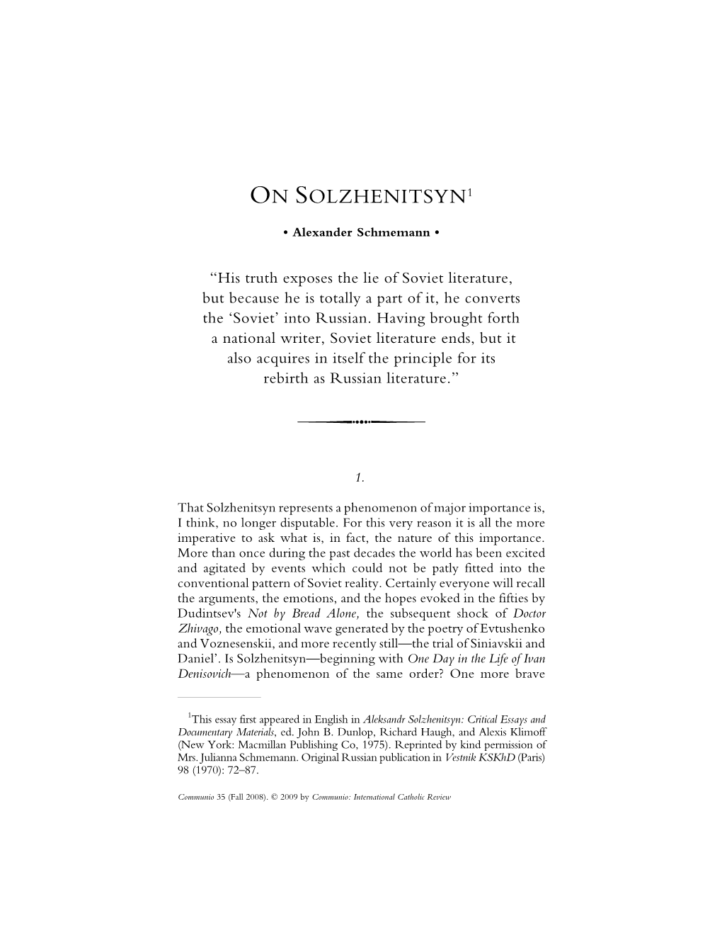 Alexander Schmemann. on Solzhenitsyn And