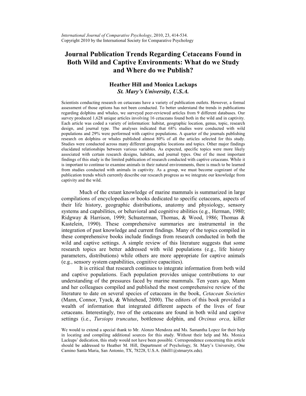 Journal Publication Trends Regarding Cetaceans Found in Both Wild and Captive Environments: What Do We Study and Where Do We Publish?