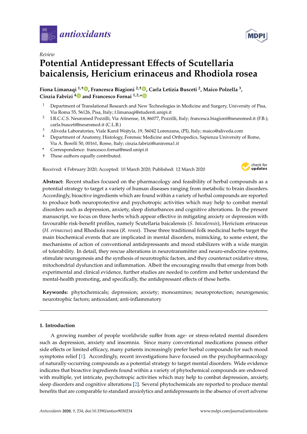 Potential Antidepressant Effects of Scutellaria Baicalensis, Hericium