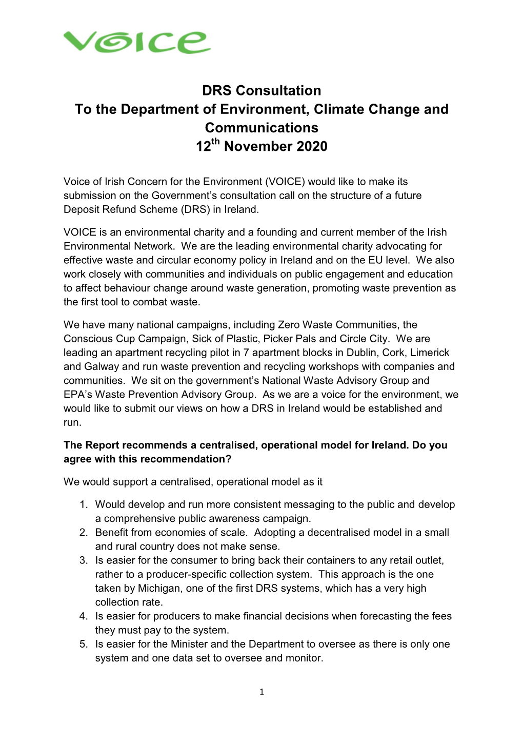DRS Consultation to the Department of Environment, Climate Change and Communications 12Th November 2020