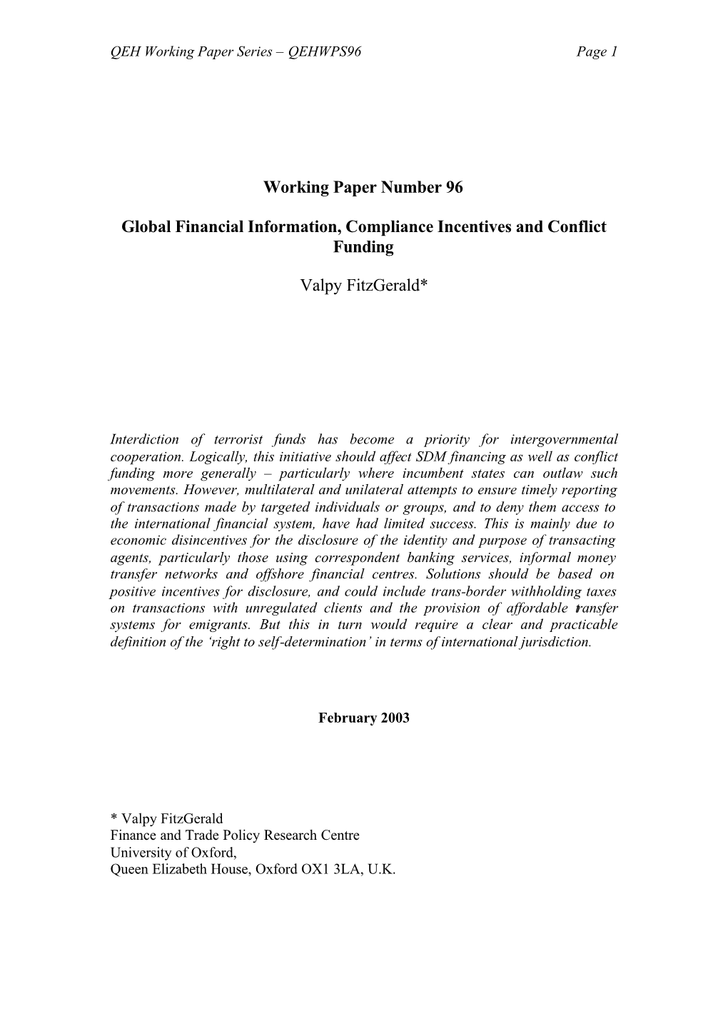 Working Paper Number 96 Global Financial