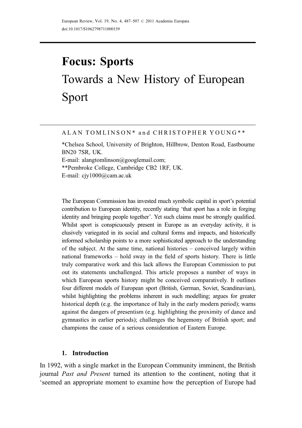 Sports Towards a New History of European Sport