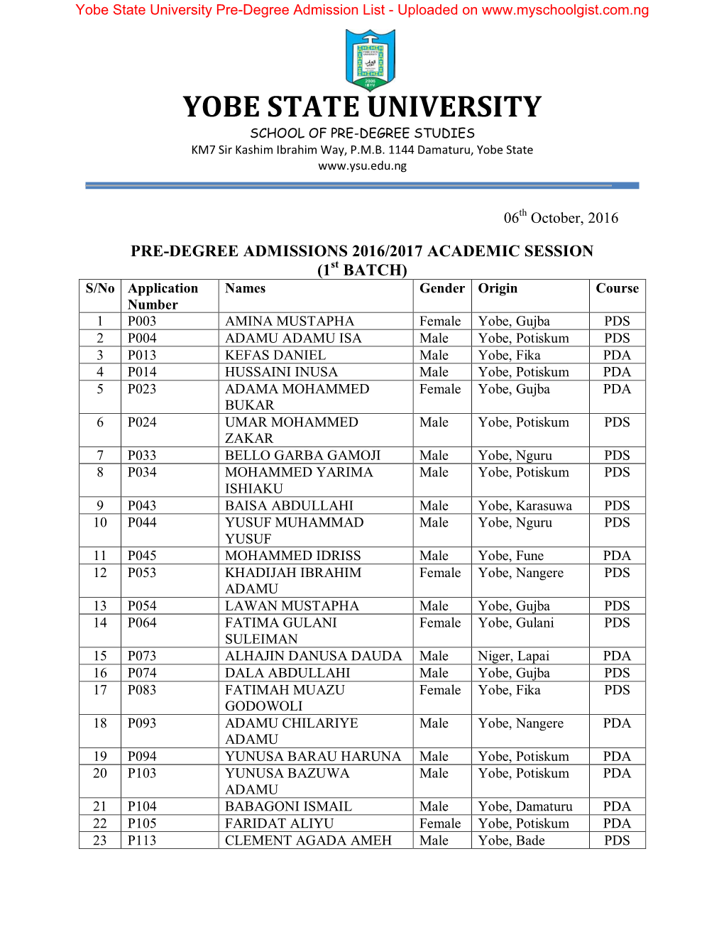 Yobe State University Pre-Degree Admission List - Uploaded On