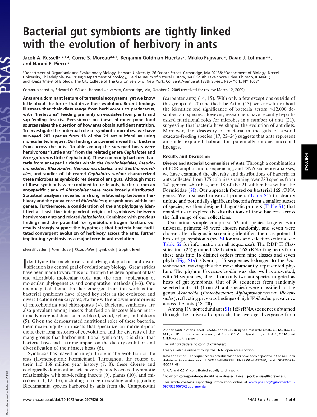 Bacterial Gut Symbionts Are Tightly Linked with the Evolution of Herbivory in Ants