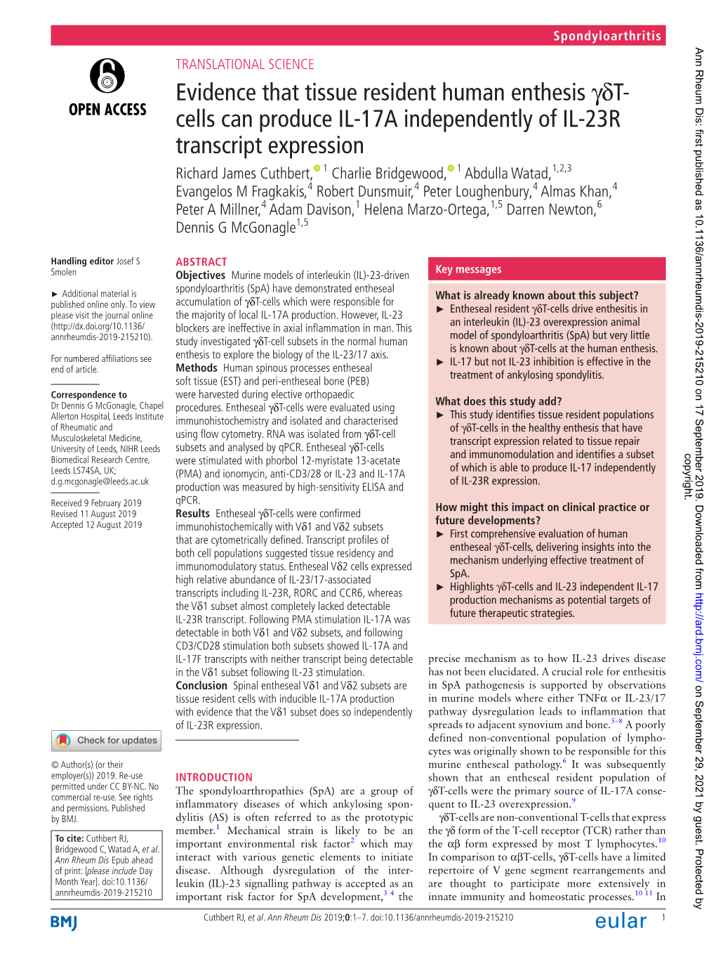 Evidence That Tissue Resident Human Enthesis Γδt-Cells Can Produce IL