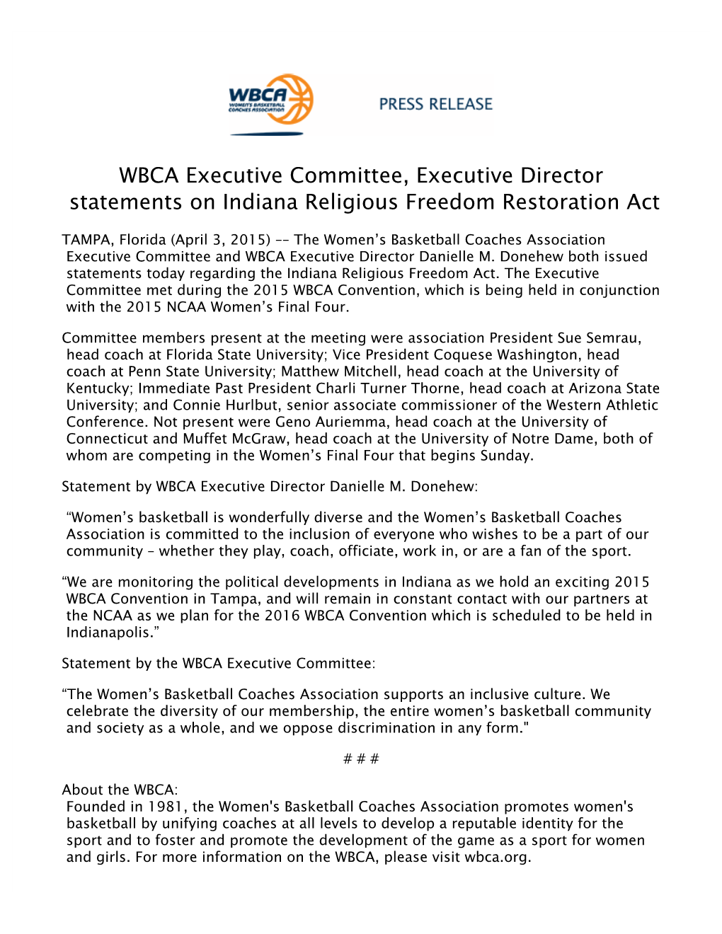 WBCA Executive Committee, Executive Director Statements on Indiana Religious Freedom Restoration Act