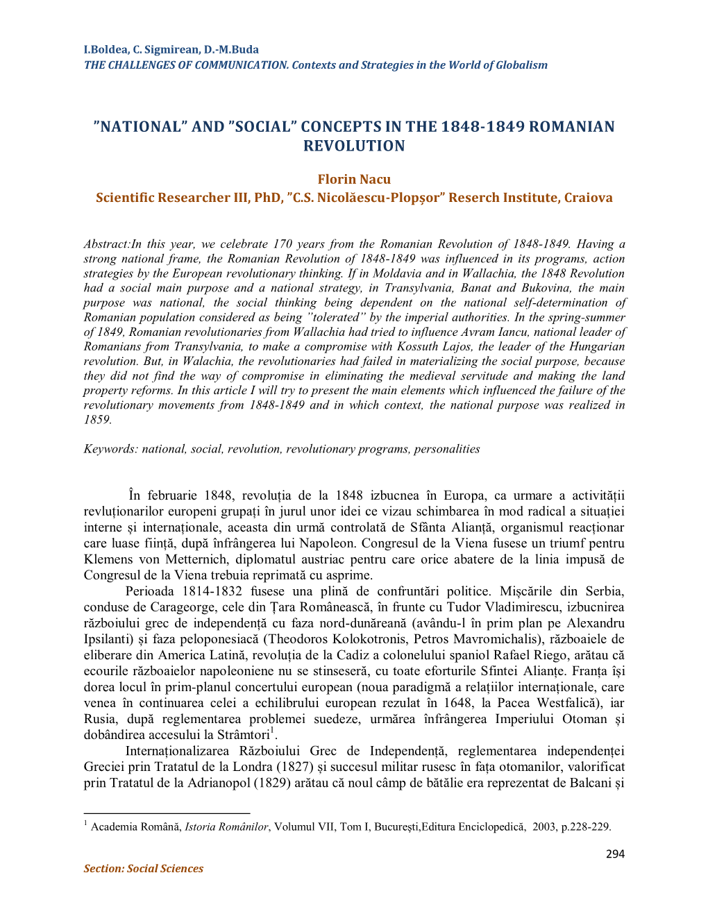 ”Social” Concepts in the 1848-1849 Romanian Revolution