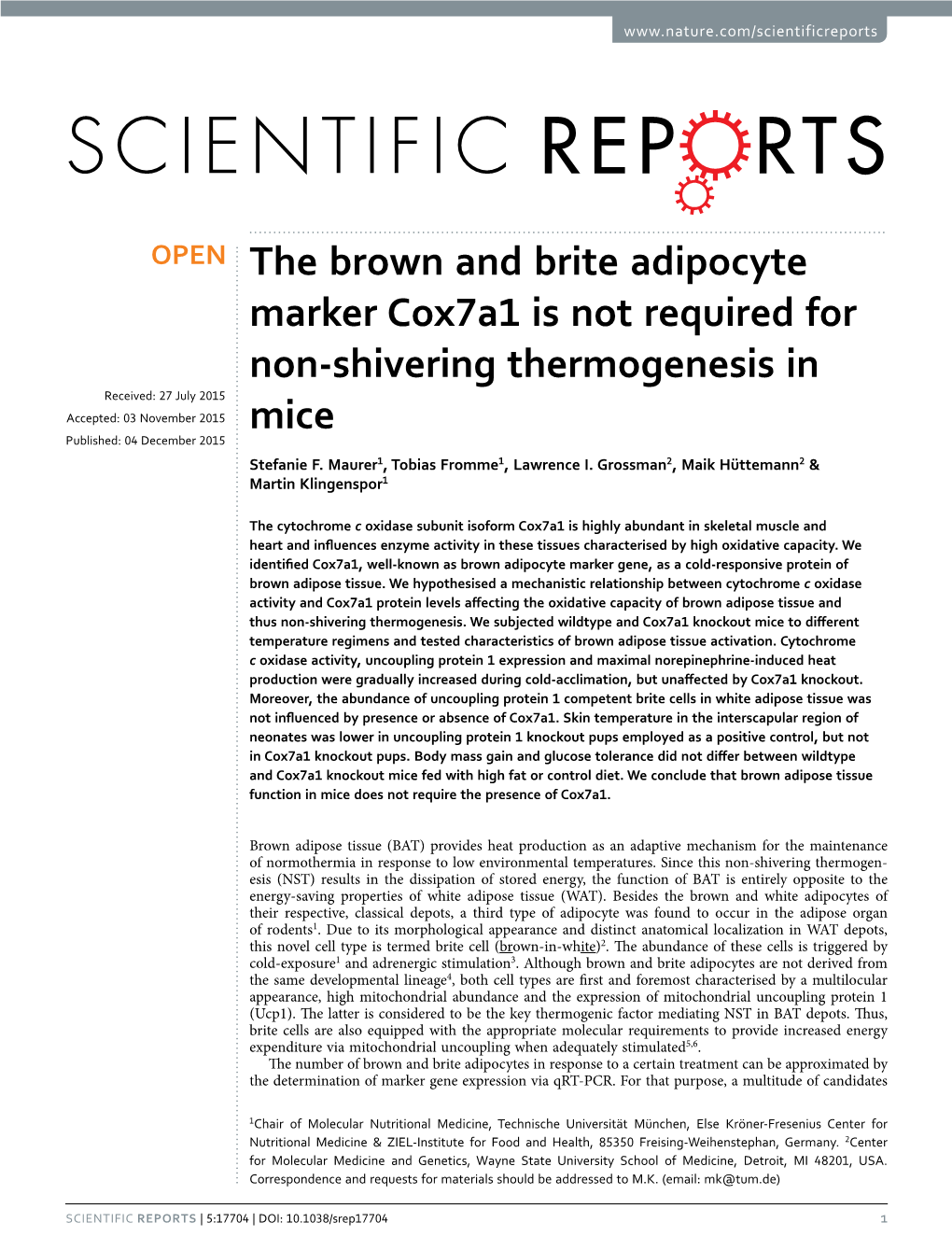 The Brown and Brite Adipocyte Marker Cox7a1 Is Not Required for Non