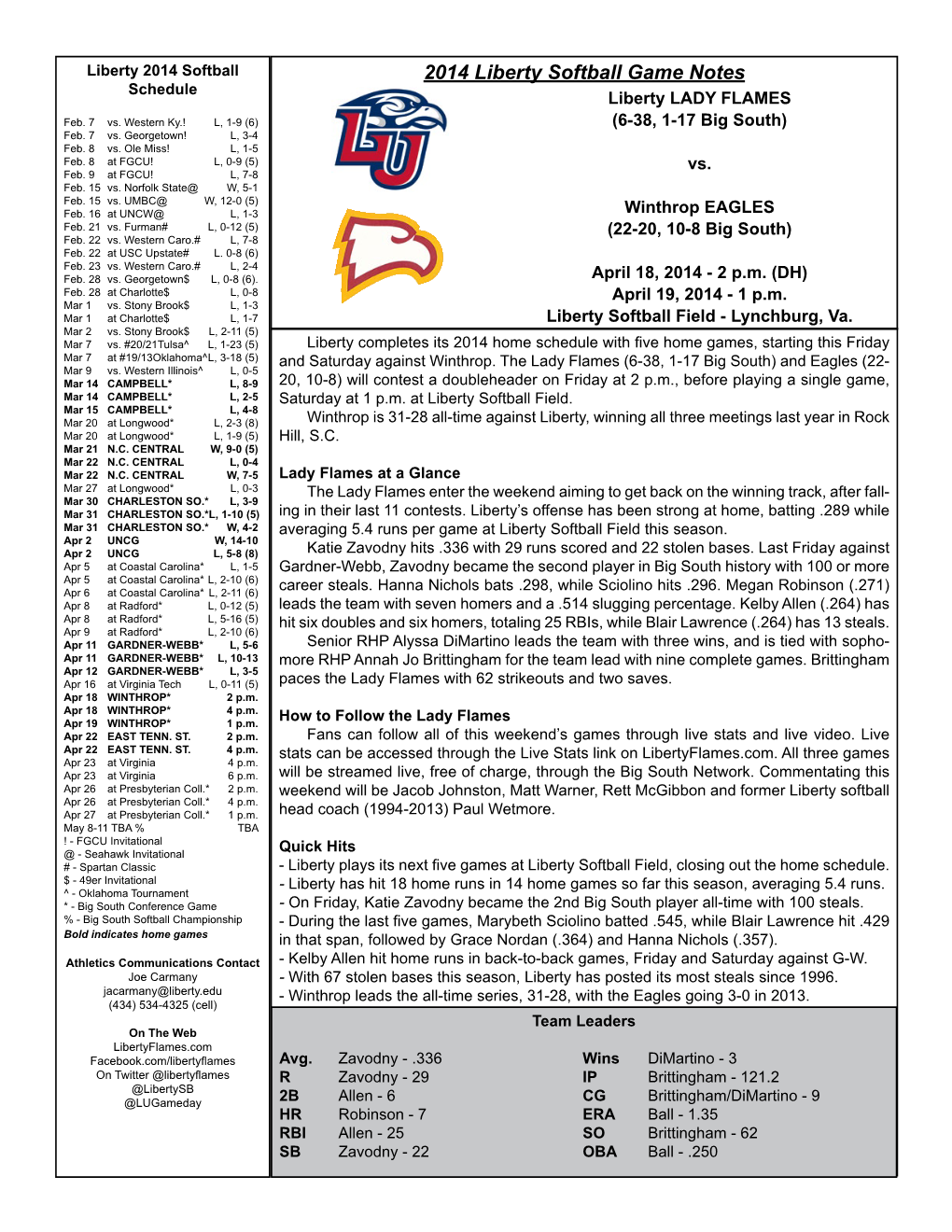 2014 Liberty Softball Game Notes Schedule Liberty LADY FLAMES Feb