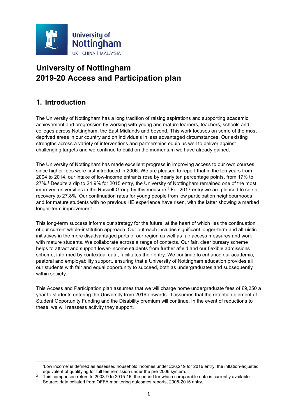 University of Nottingham 2019-20 Access and Participation Plan