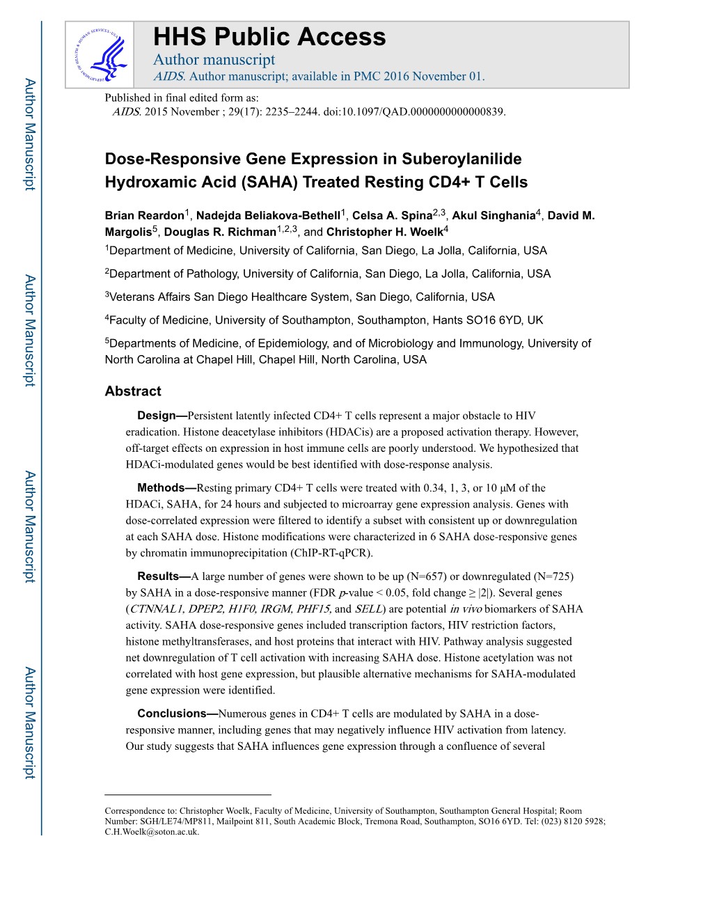 Dose-Responsive Gene Expression in Suberoylanilide Hydroxamic Acid (SAHA) Treated Resting CD4+ T Cells