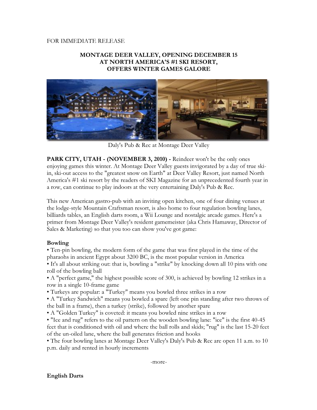 For Immediate Release Montage Deer Valley