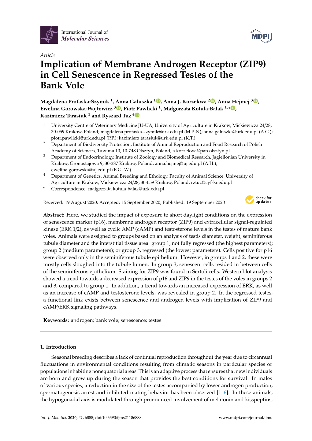 Implication of Membrane Androgen Receptor (ZIP9) in Cell Senescence in Regressed Testes of the Bank Vole