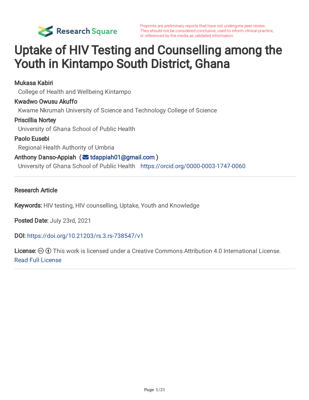 Uptake of HIV Testing and Counselling Among the Youth in Kintampo South District, Ghana