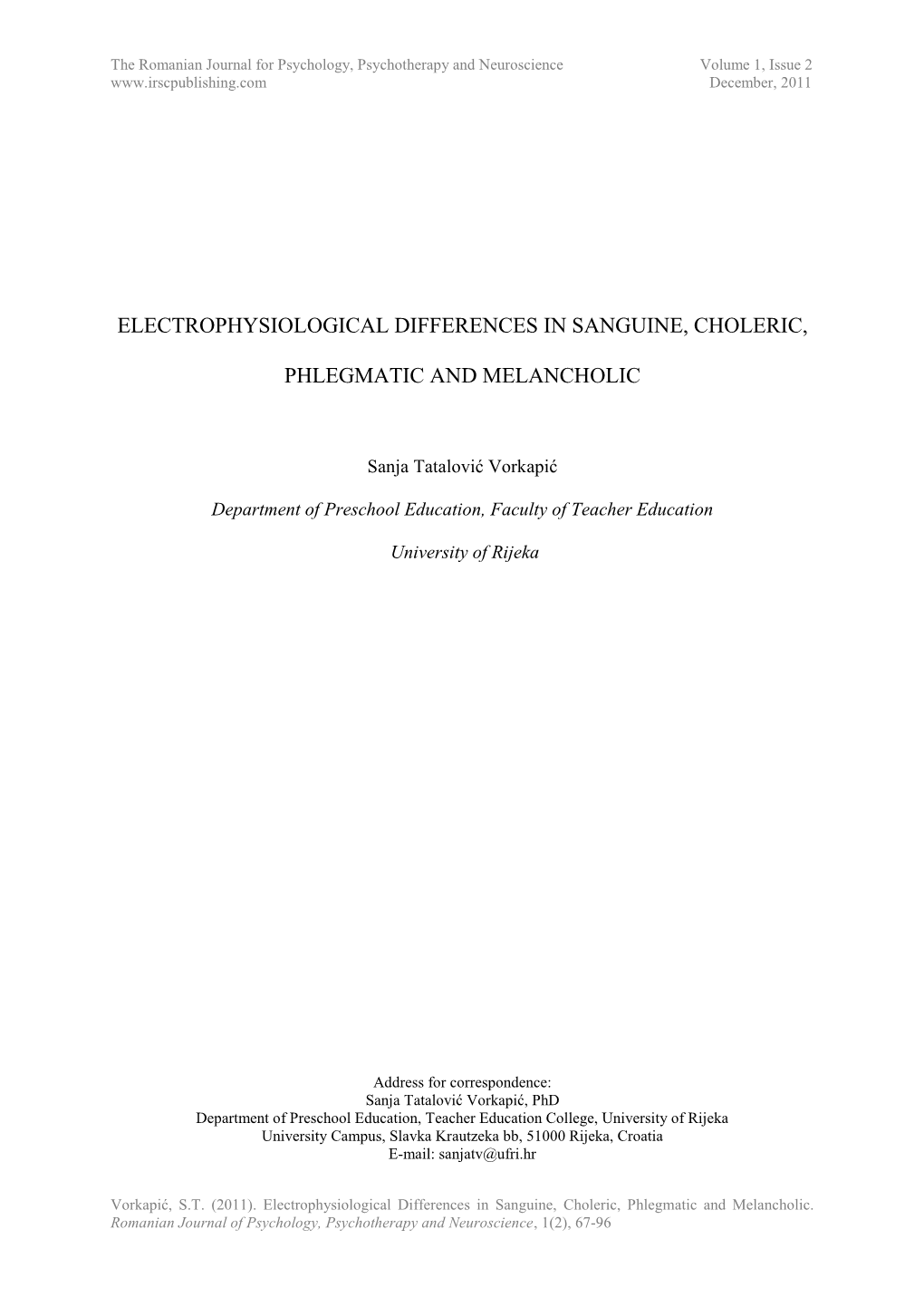 Electrophysiological Differences in Sanguine, Choleric