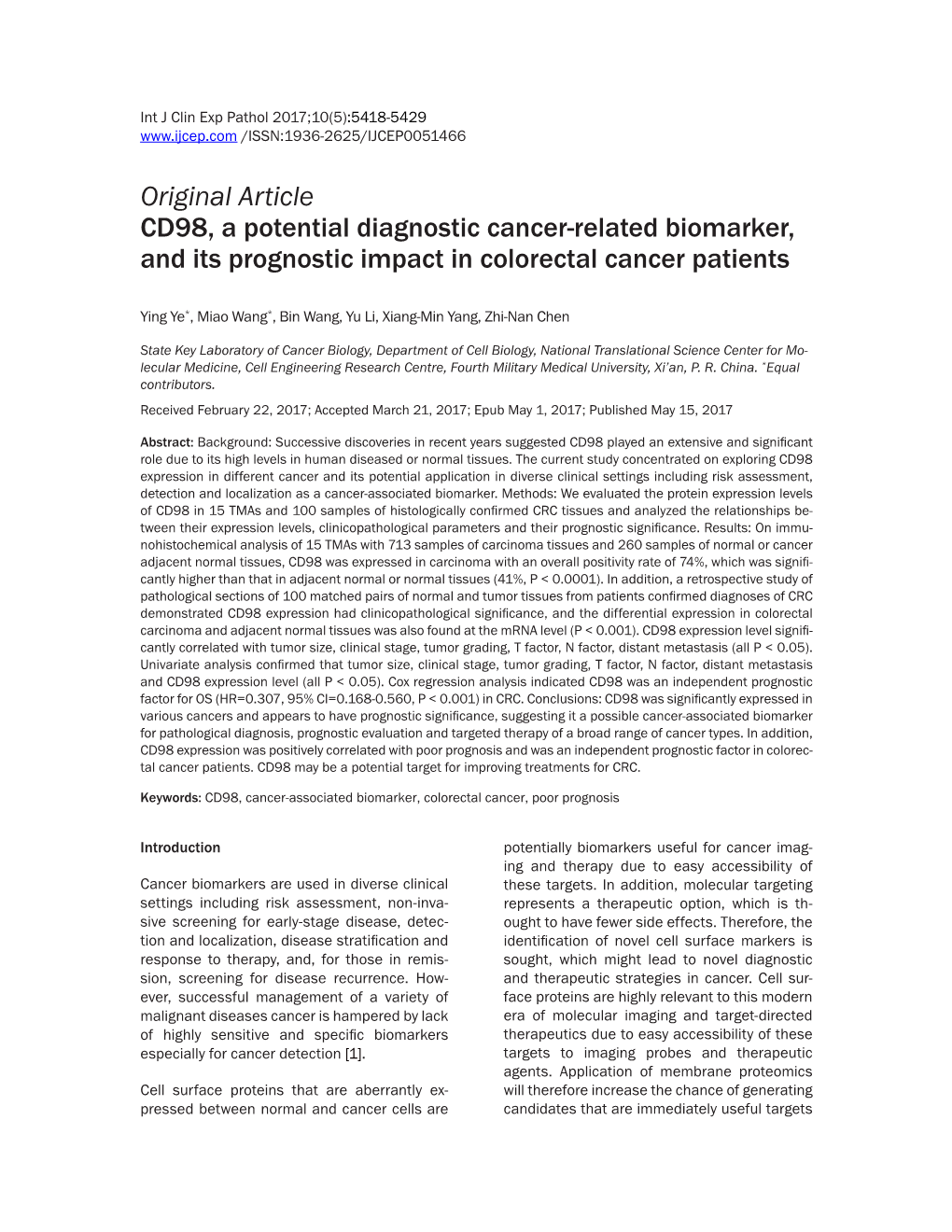 Original Article CD98, a Potential Diagnostic Cancer-Related Biomarker, and Its Prognostic Impact in Colorectal Cancer Patients