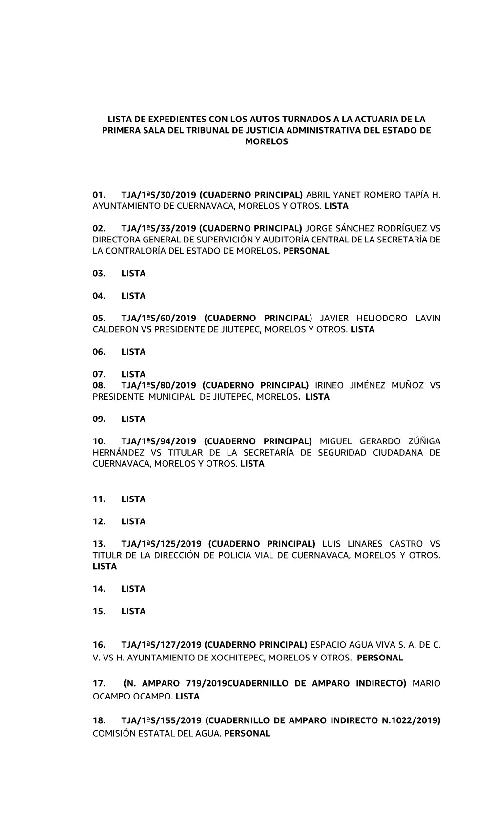 Lista De Expedientes Con Los Autos Turnados a La Actuaria De La Primera Sala Del Tribunal De Justicia Administrativa Del Estado De Morelos