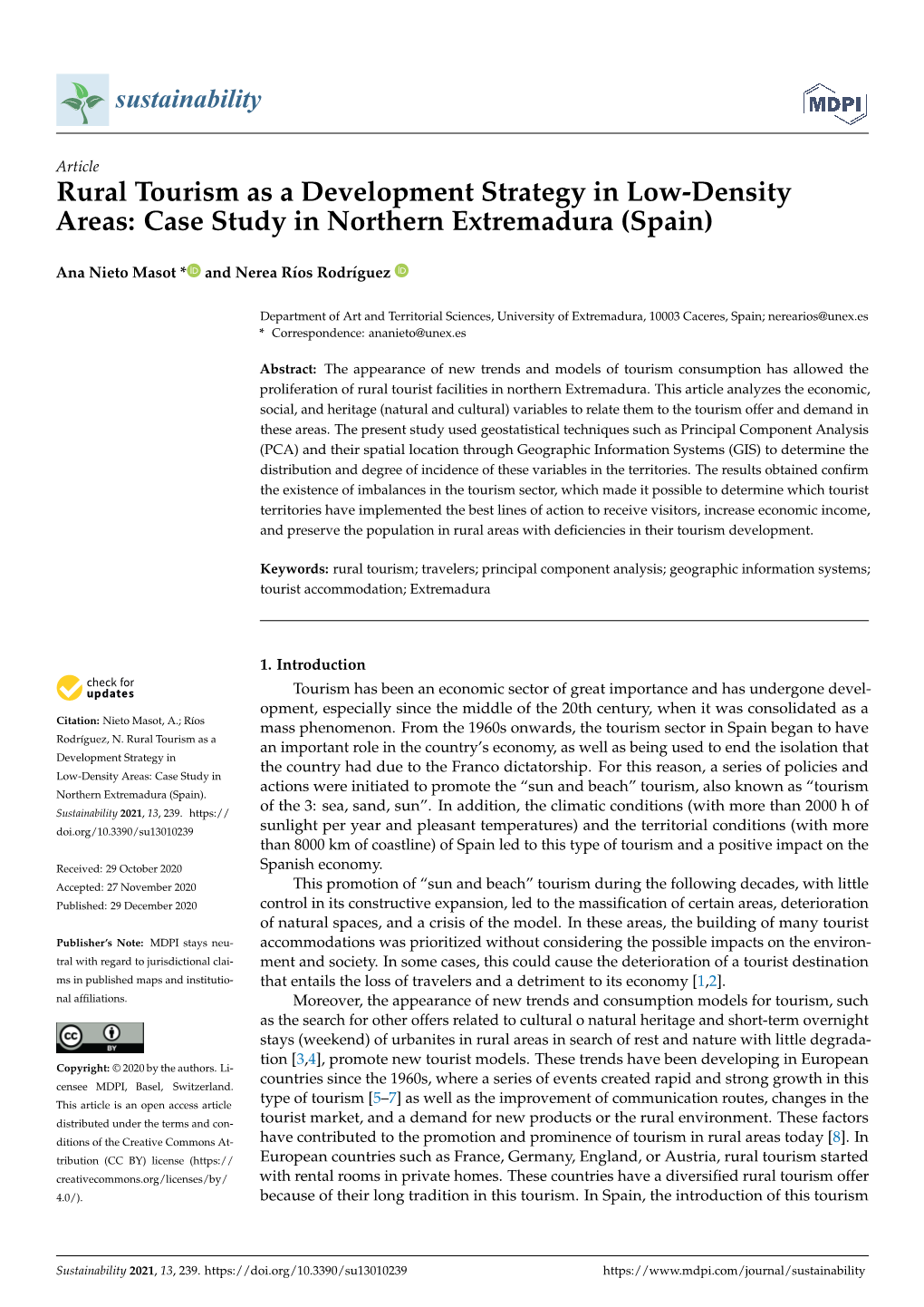 Rural Tourism As a Development Strategy in Low-Density Areas: Case Study in Northern Extremadura (Spain)