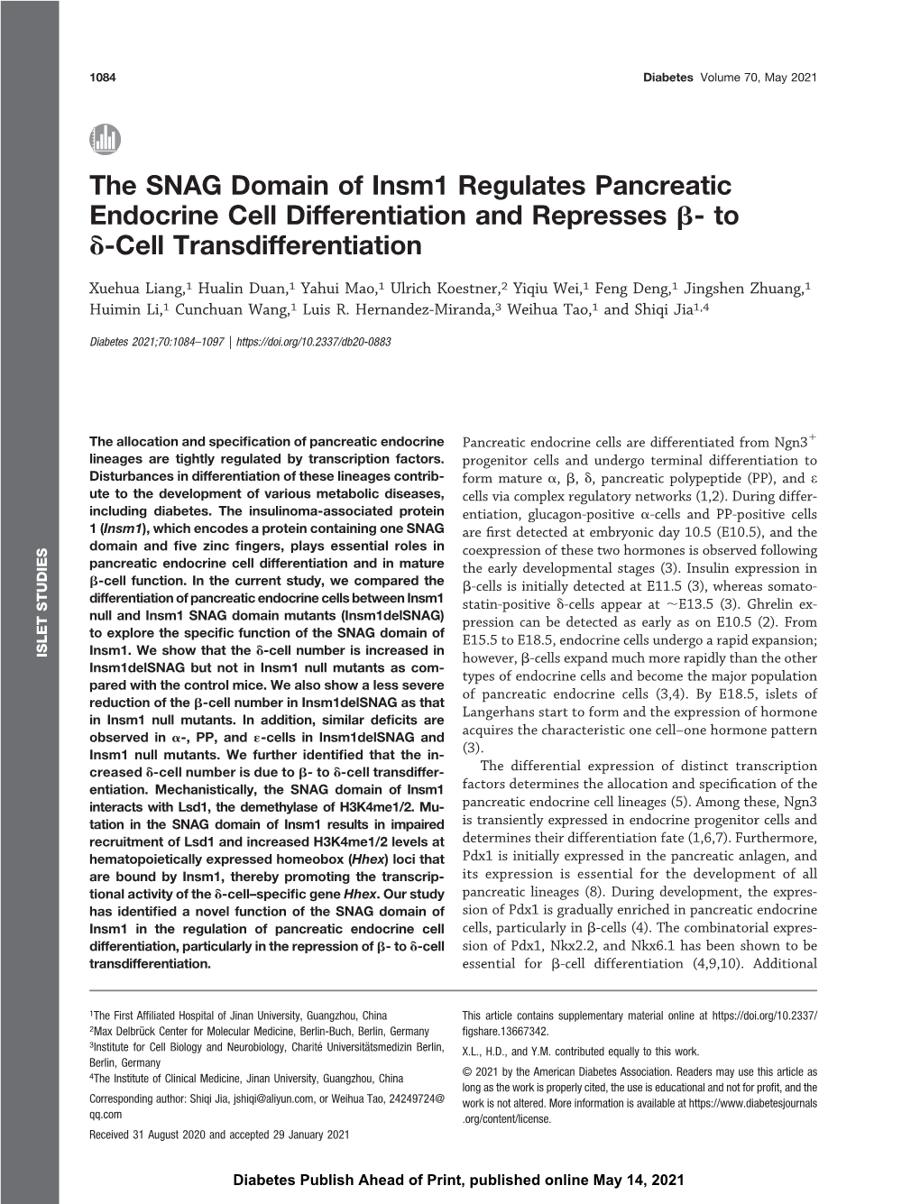 The SNAG Domain of Insm1 Regulates Pancreatic Endocrine Cell Differentiation and Represses B-To D-Cell Transdifferentiation