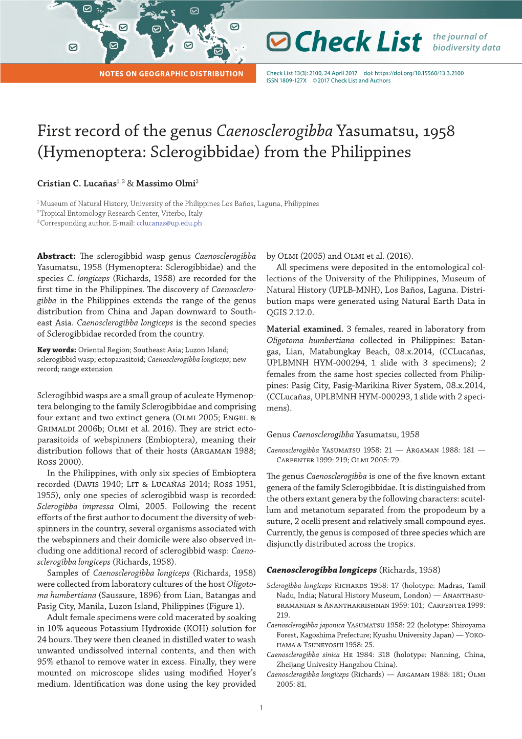 First Record of the Genus Caenosclerogibba Yasumatsu, 1958 (Hymenoptera: Sclerogibbidae) from the Philippines