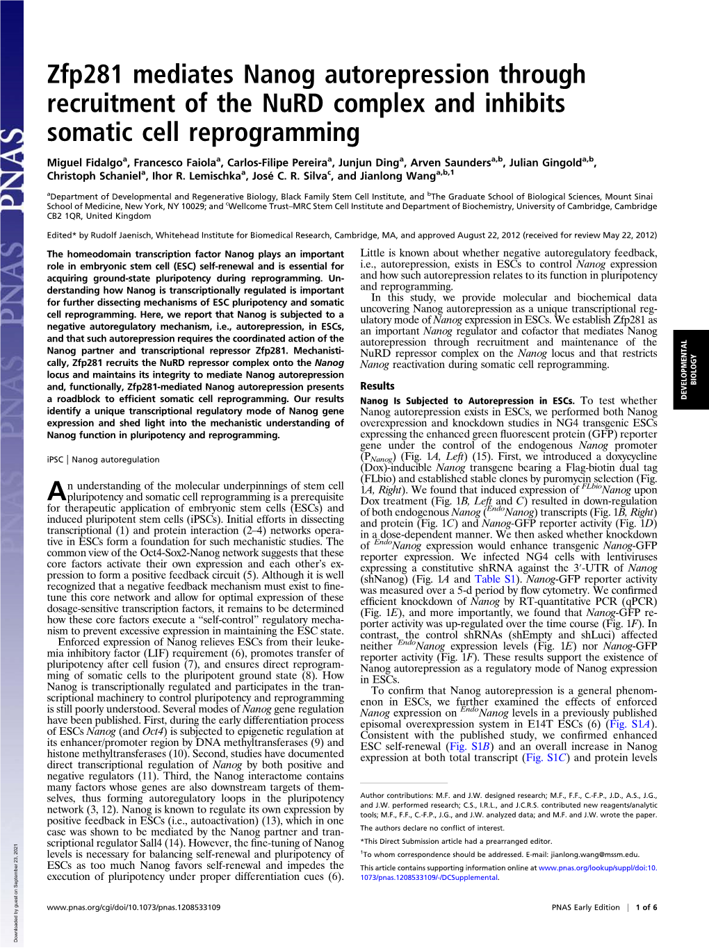 Zfp281 Mediates Nanog Autorepression Through Recruitment of the Nurd Complex and Inhibits Somatic Cell Reprogramming