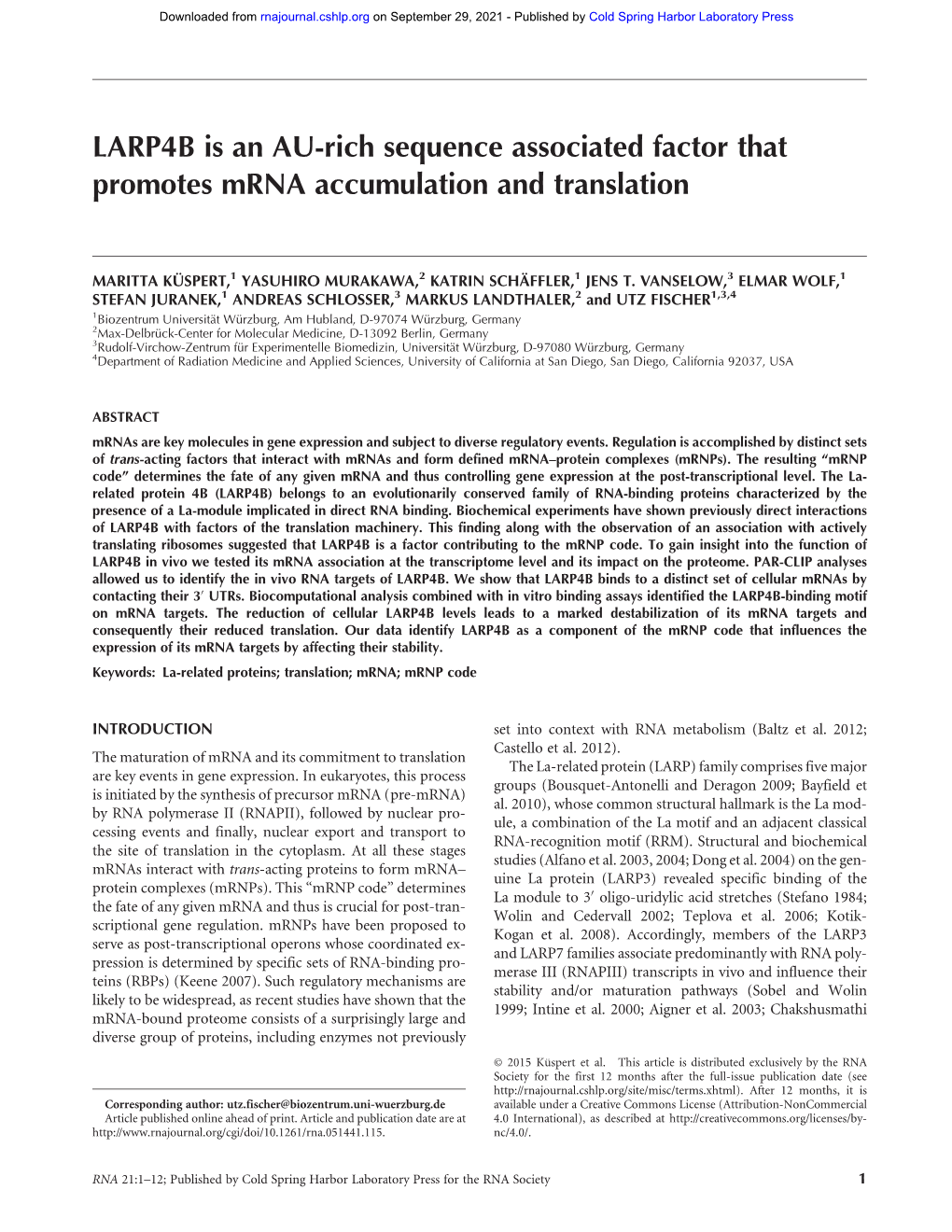 LARP4B Is an AU-Rich Sequence Associated Factor That Promotes Mrna Accumulation and Translation