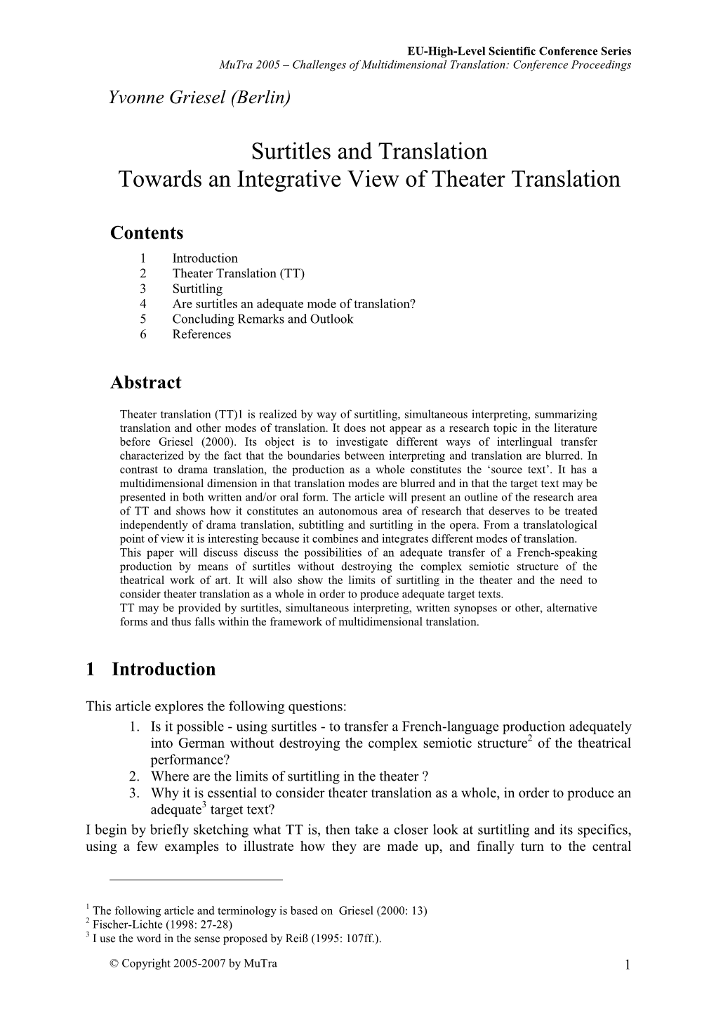 Surtitles and Translation Towards an Integrative View of Theater Translation