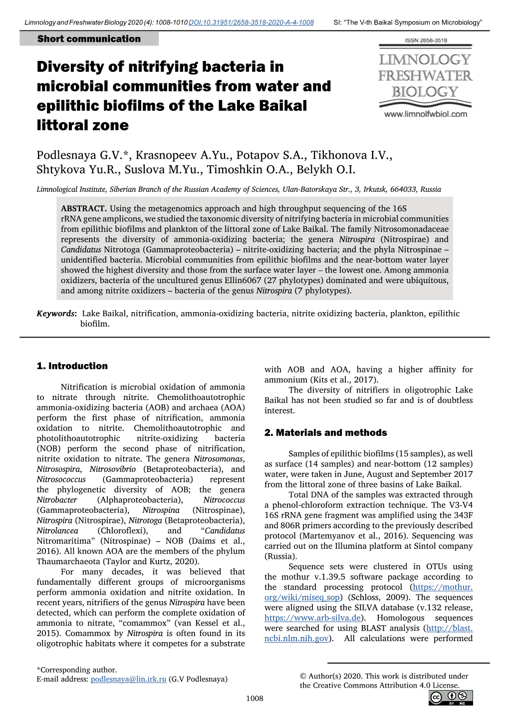 Diversity of Nitrifying Bacteria in Microbial Communities from Water and Epilithic Biofilms of the Lake Baikal Littoral Zone