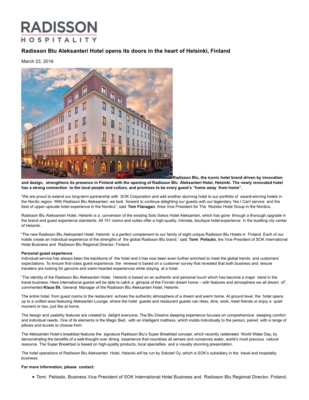 Radisson Blu Aleksanteri Hotel Opens Its Doors in the Heart of Helsinki, Finland