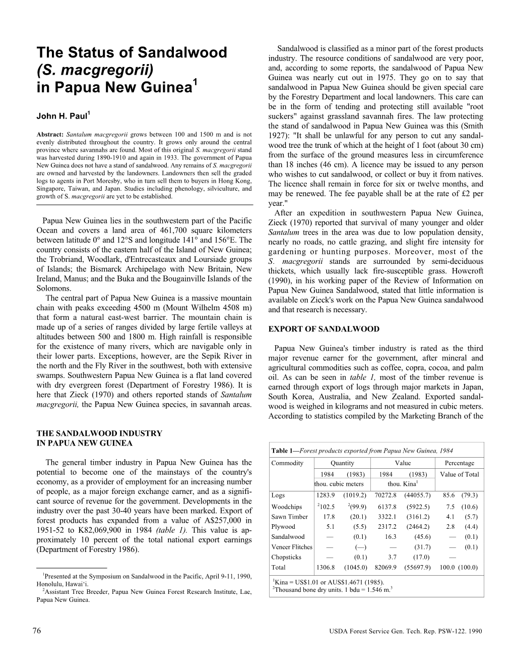 In Papua New Guinea Sandalwood in Papua New Guinea Should Be Given Special Care by the Forestry Department and Local Landowners