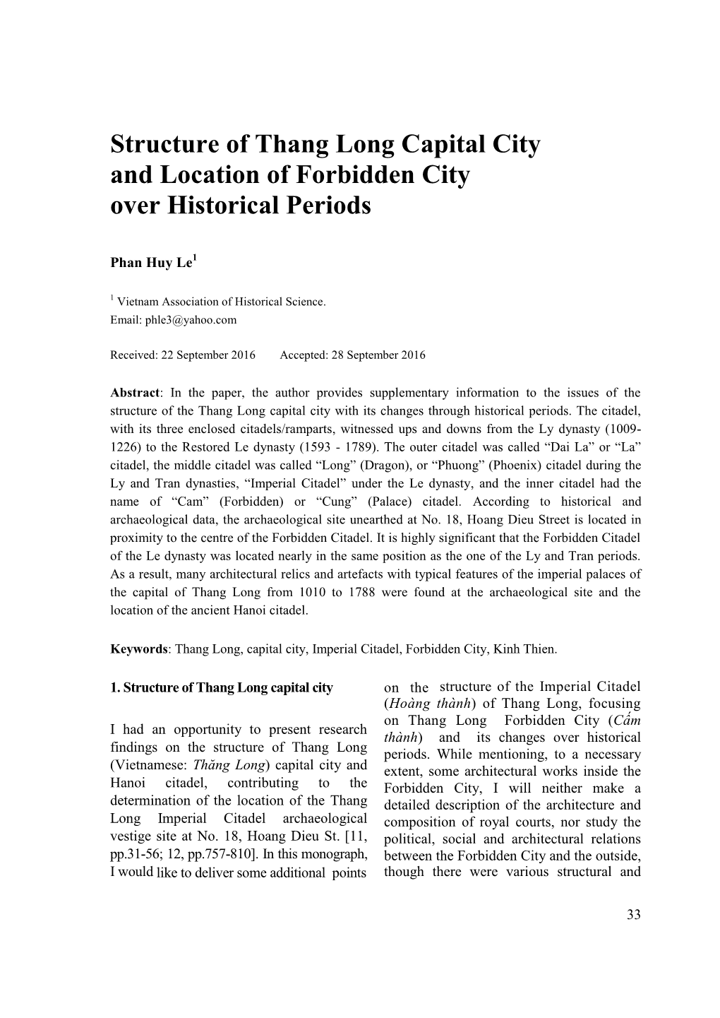 Structure of Thang Long Capital City and Location of Forbidden City Over Historical Periods