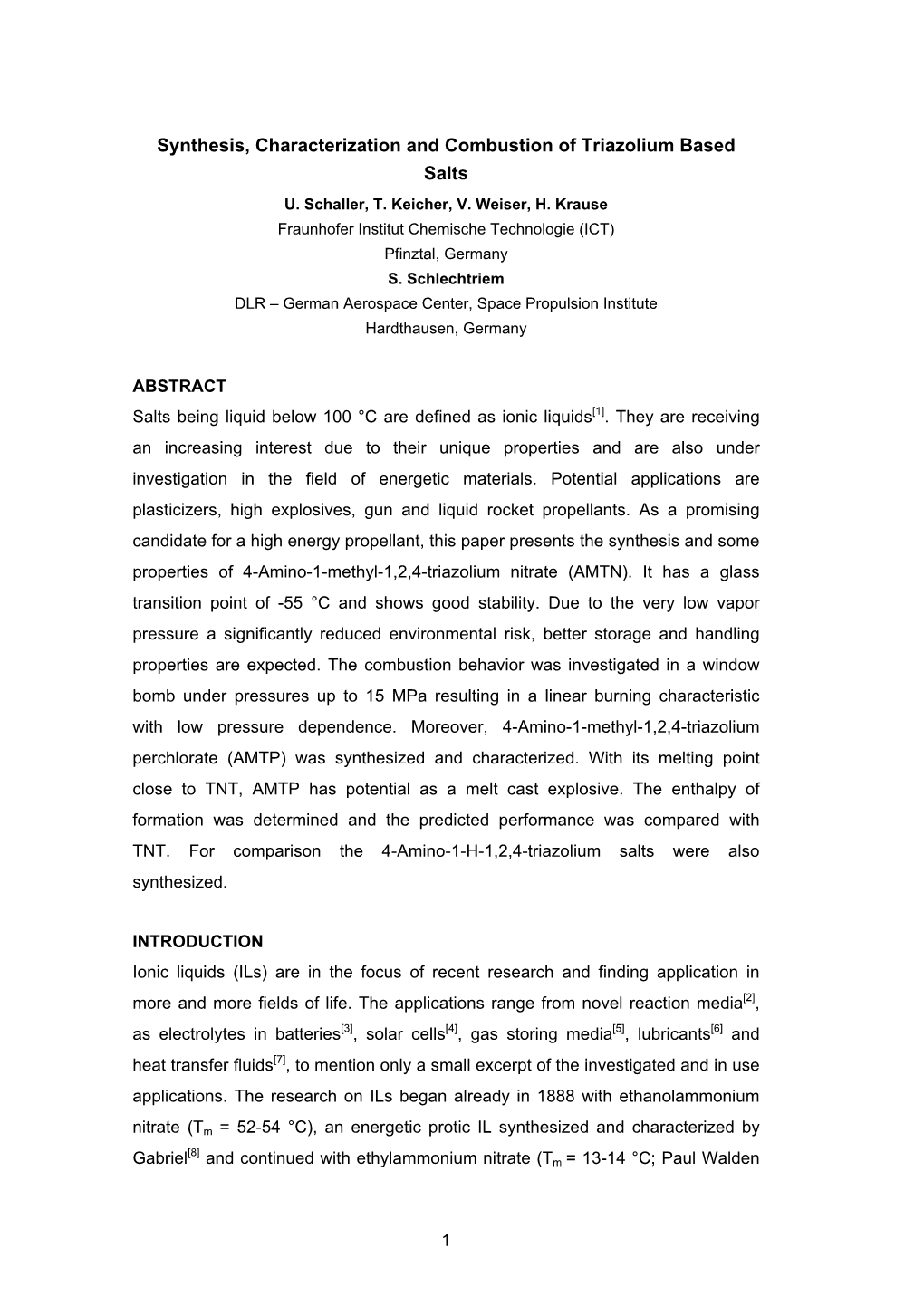 Synthesis, Characterization and Combustion of Triazolium Based Salts U