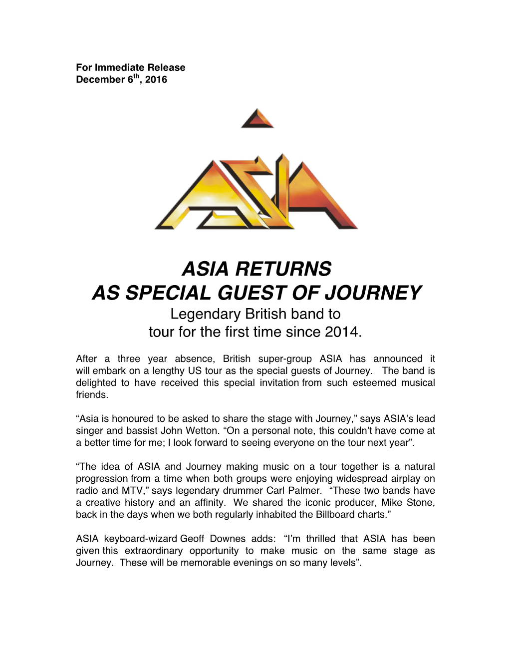 ASIA RETURNS AS SPECIAL GUEST of JOURNEY Legendary British Band to Tour for the First Time Since 2014