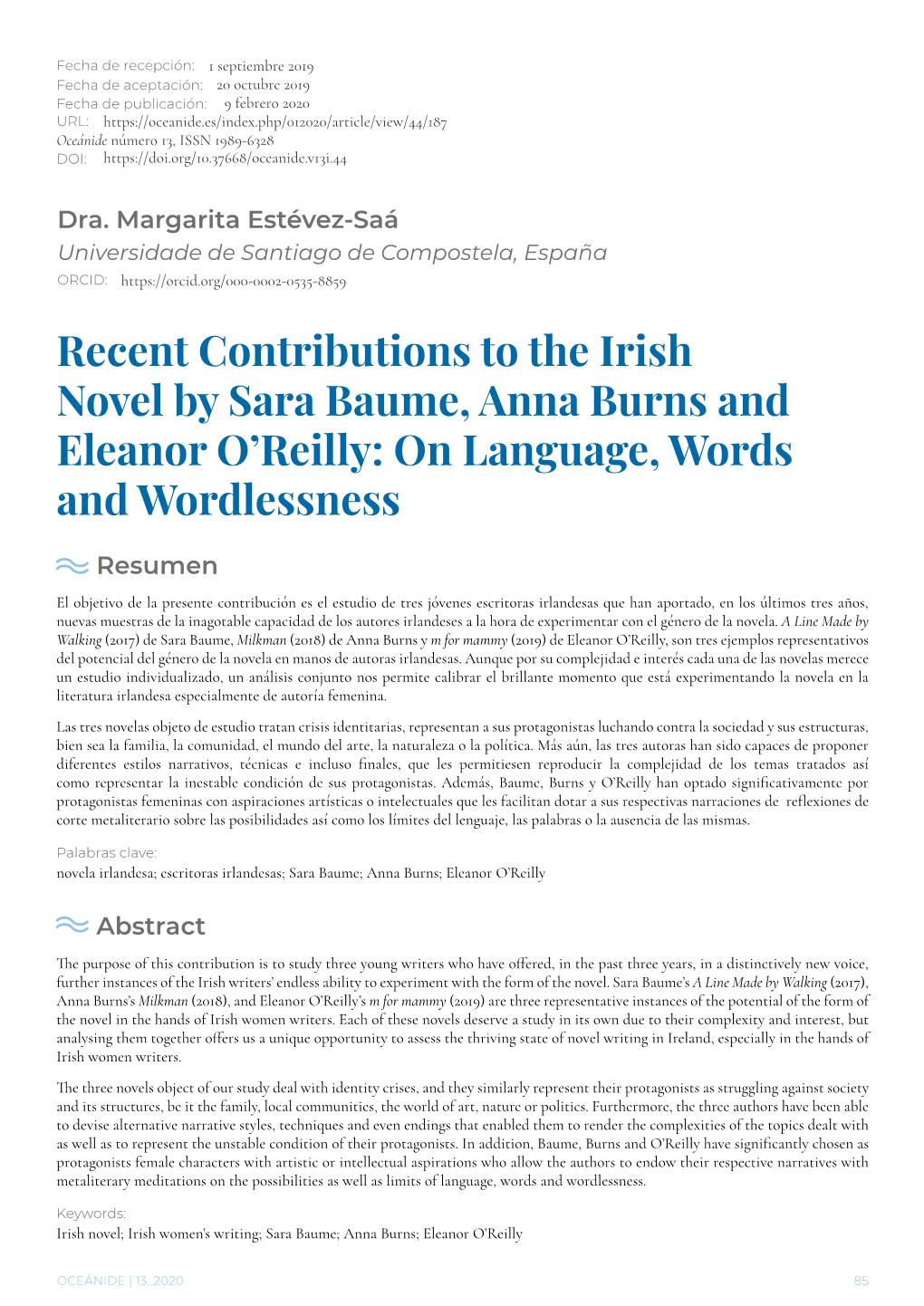 Recent Contributions to the Irish Novel by Sara Baume, Anna Burns and Eleanor O’Reilly: on Language, Words and Wordlessness