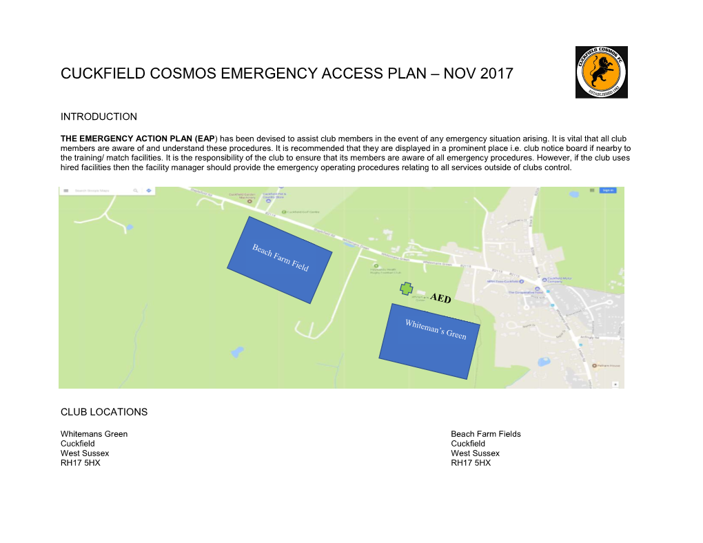 Cuckfield Cosmos Emergency Access Plan – Nov 2017