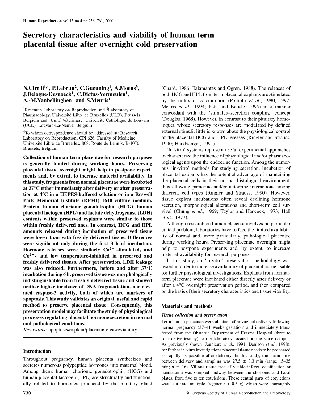 Secretory Characteristics and Viability of Human Term Placental Tissue After Overnight Cold Preservation