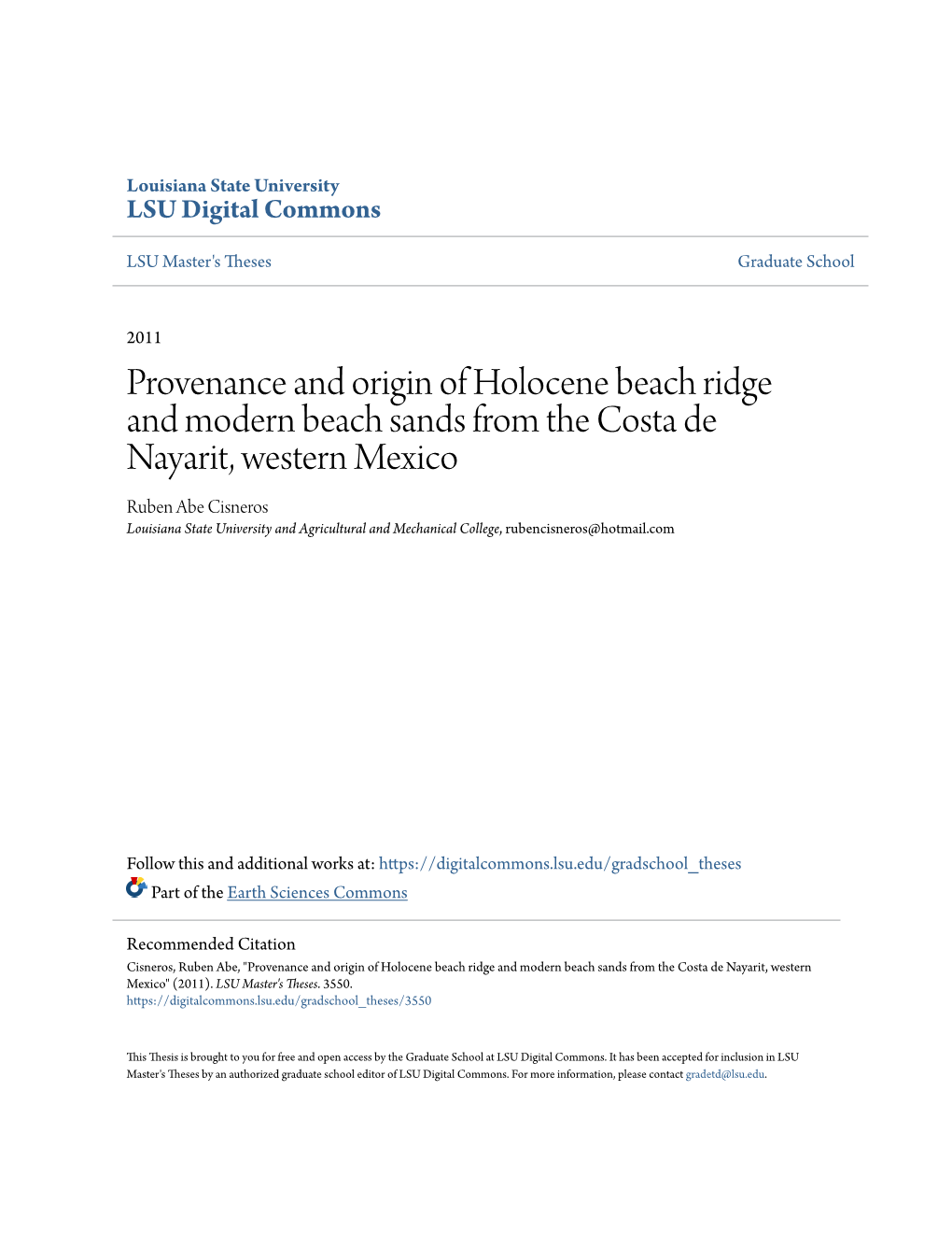 Provenance and Origin of Holocene Beach Ridge and Modern Beach Sands from the Costa De Nayarit, Western Mexico