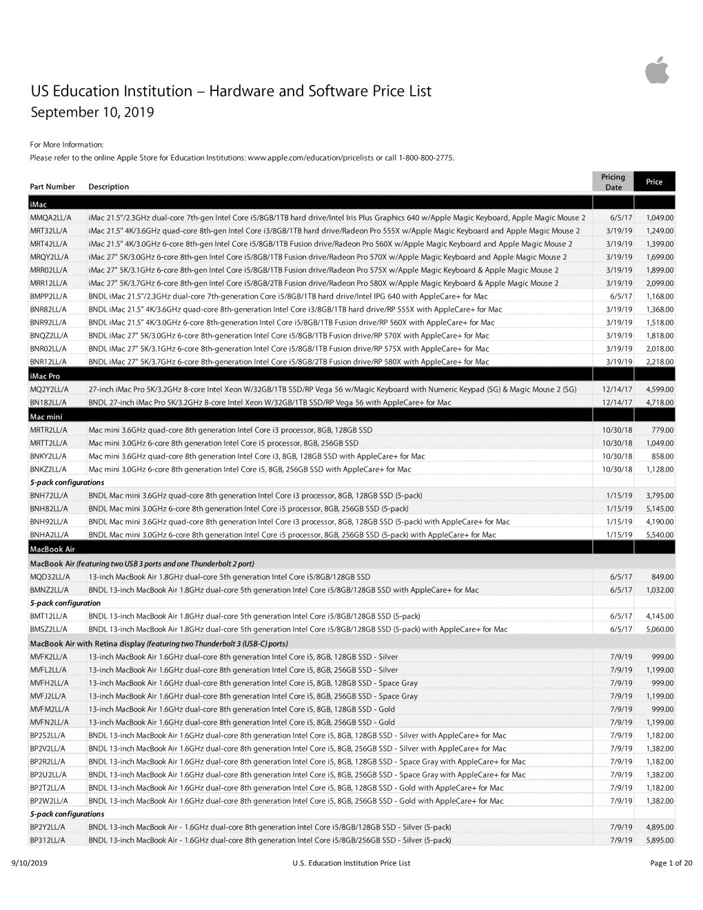 Apple US Education Institution Price List