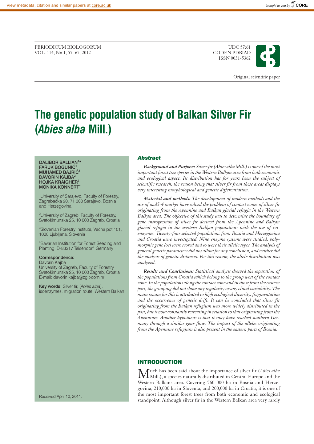The Genetic Population Study of Balkan Silver Fir (Abies Alba Mill.)