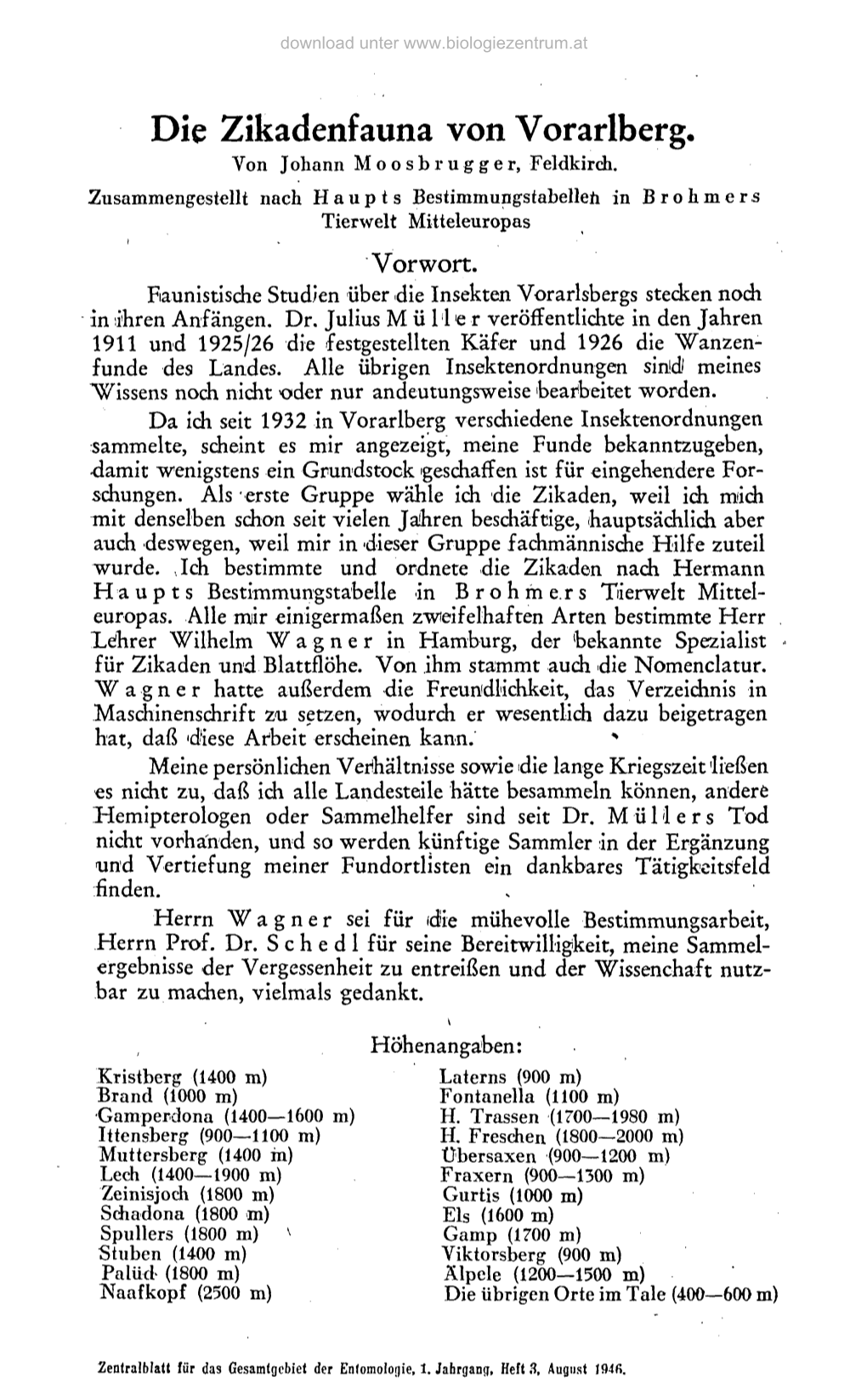 Die Zikadenfauna Von Vorarlberg. Von Johann Moosbrugger, Feldkirch