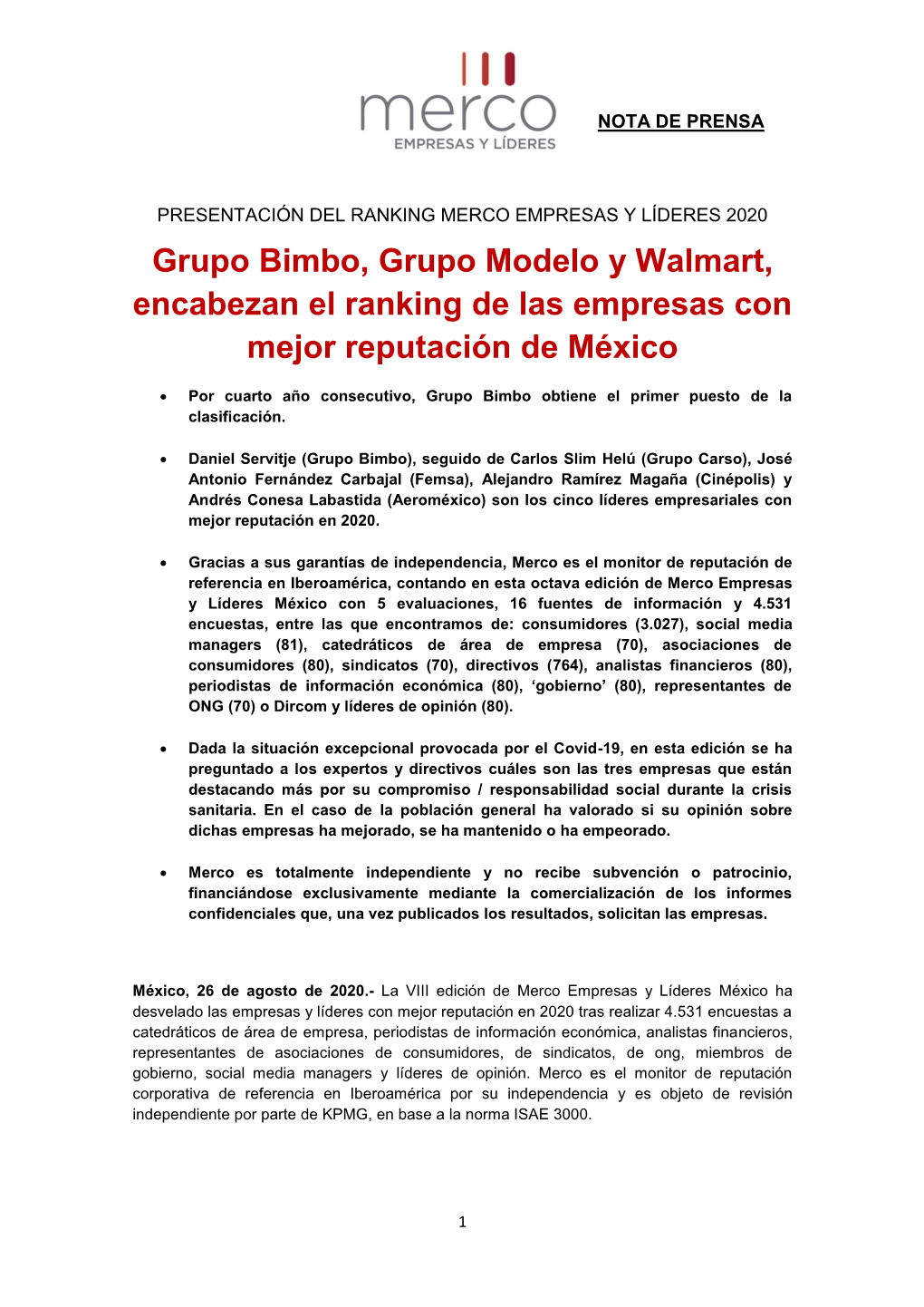 Grupo Bimbo, Grupo Modelo Y Walmart, Encabezan El Ranking De Las Empresas Con Mejor Reputación De México