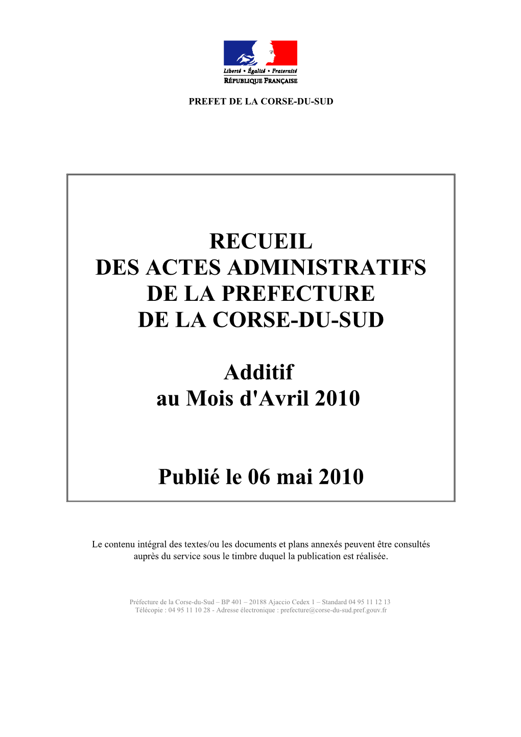 Recueil Des Actes Administratifs De La Prefecture De La Corse-Du-Sud