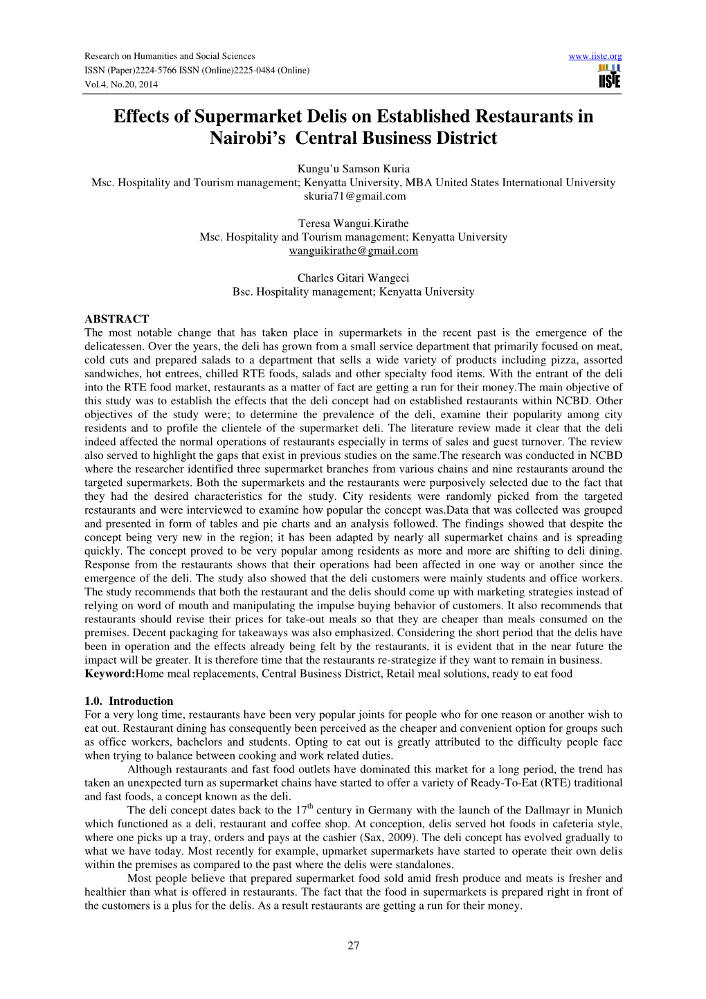 Effects of Supermarket Delis on Established Restaurants in Nairobi’S Central Business District