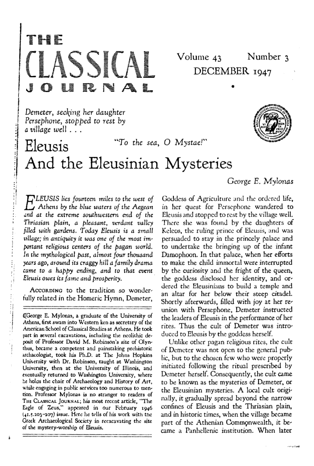 J Eleusis Ii and the Eleusinian Mysteries