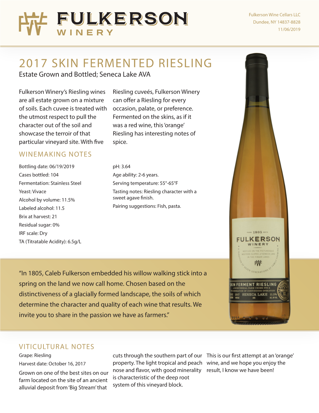 2017 SKIN FERMENTED RIESLING Estate Grown and Bottled; Seneca Lake AVA